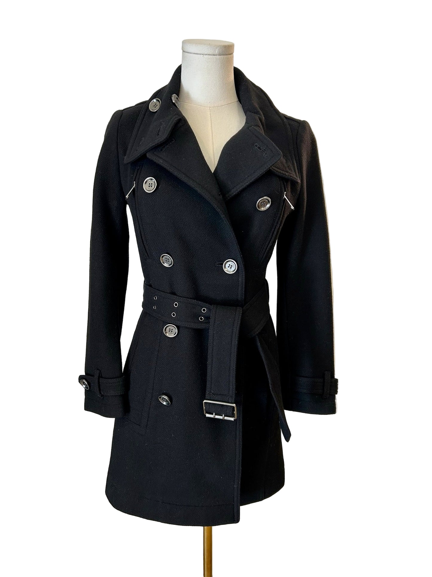 Burberry Brit Black Wool & Cashmere Belted Coat Size 2