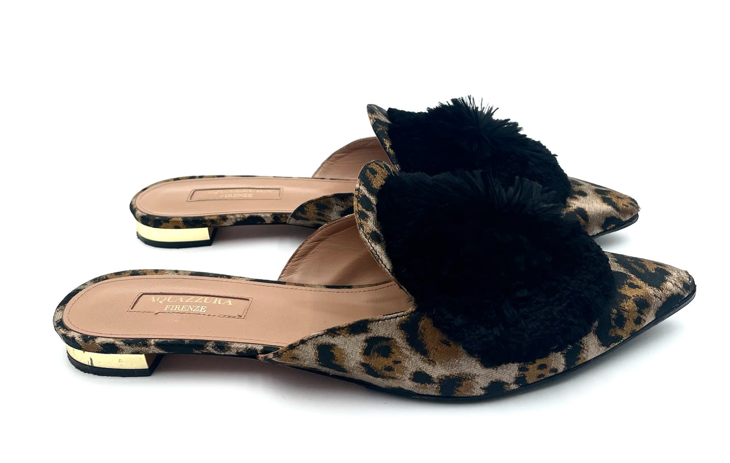 Aquazzura Pom Pom Leopard Print Slides Size 38