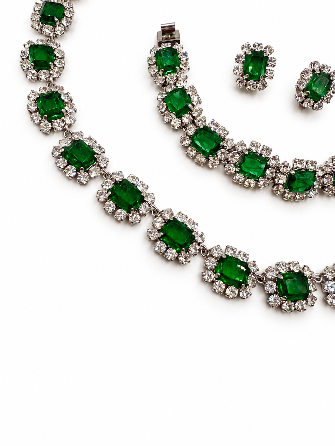 Rare Vintage 1973 Christian Dior Emerald Green & Glass Stone Necklace, Bracelet & Earring Set