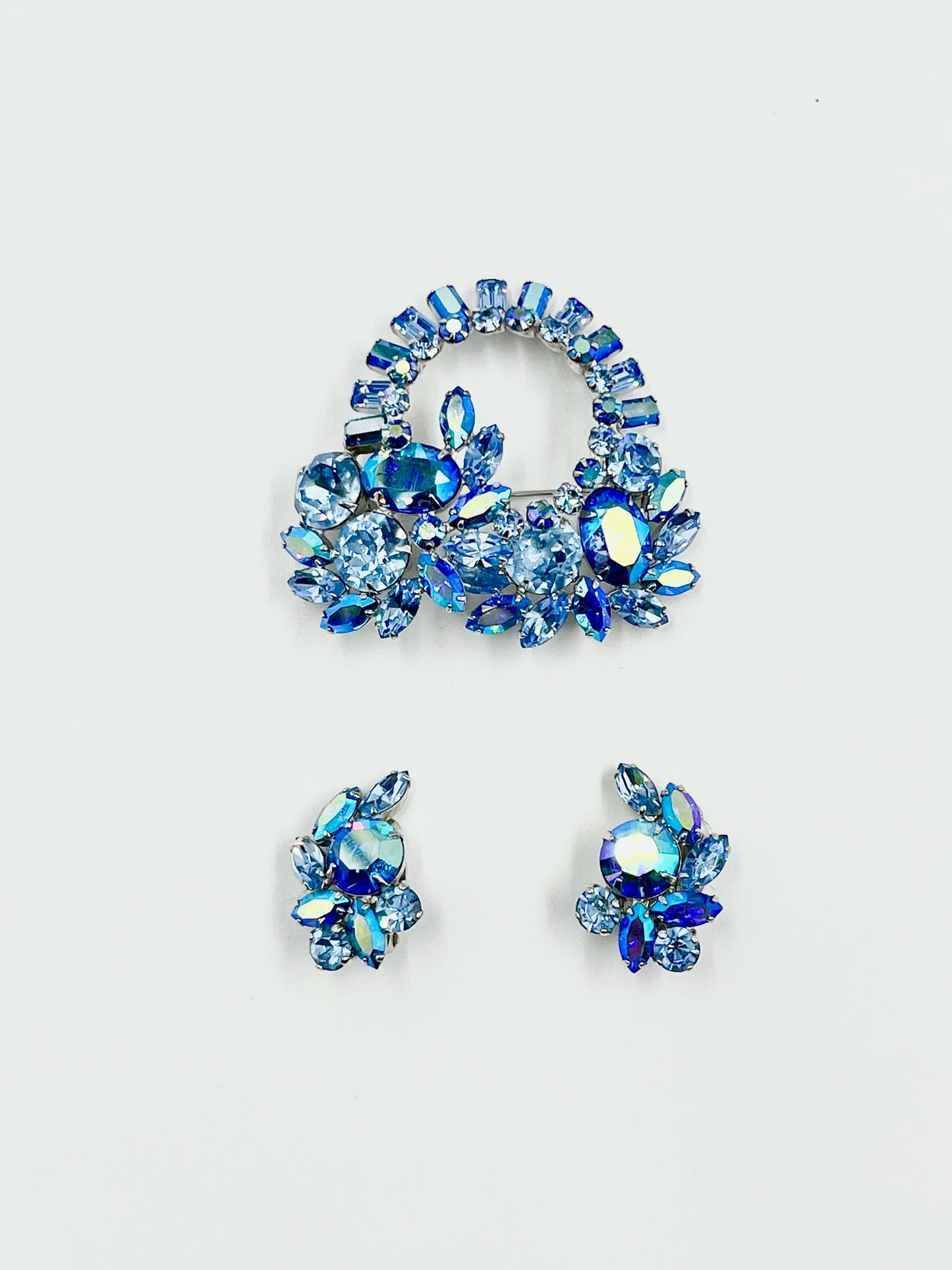 1950s Blue Crystal Brooch & Clip Earrings Set