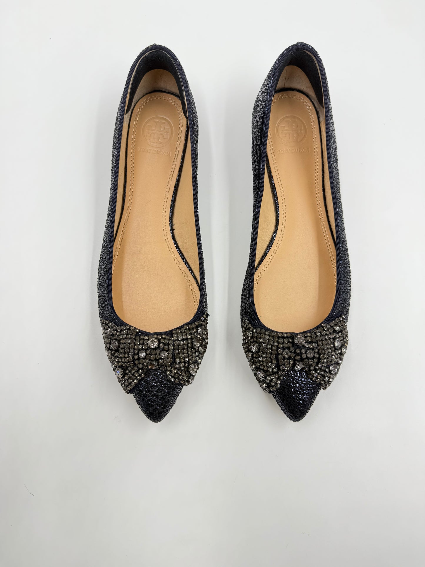 Tory Burch Vanessa Jeweled Navy Crystal Bow Pointed Toe Flats Size 7.5