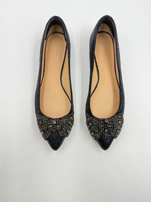 Tory Burch Vanessa Jeweled Navy Crystal Bow Pointed Toe Flats Size 7.5