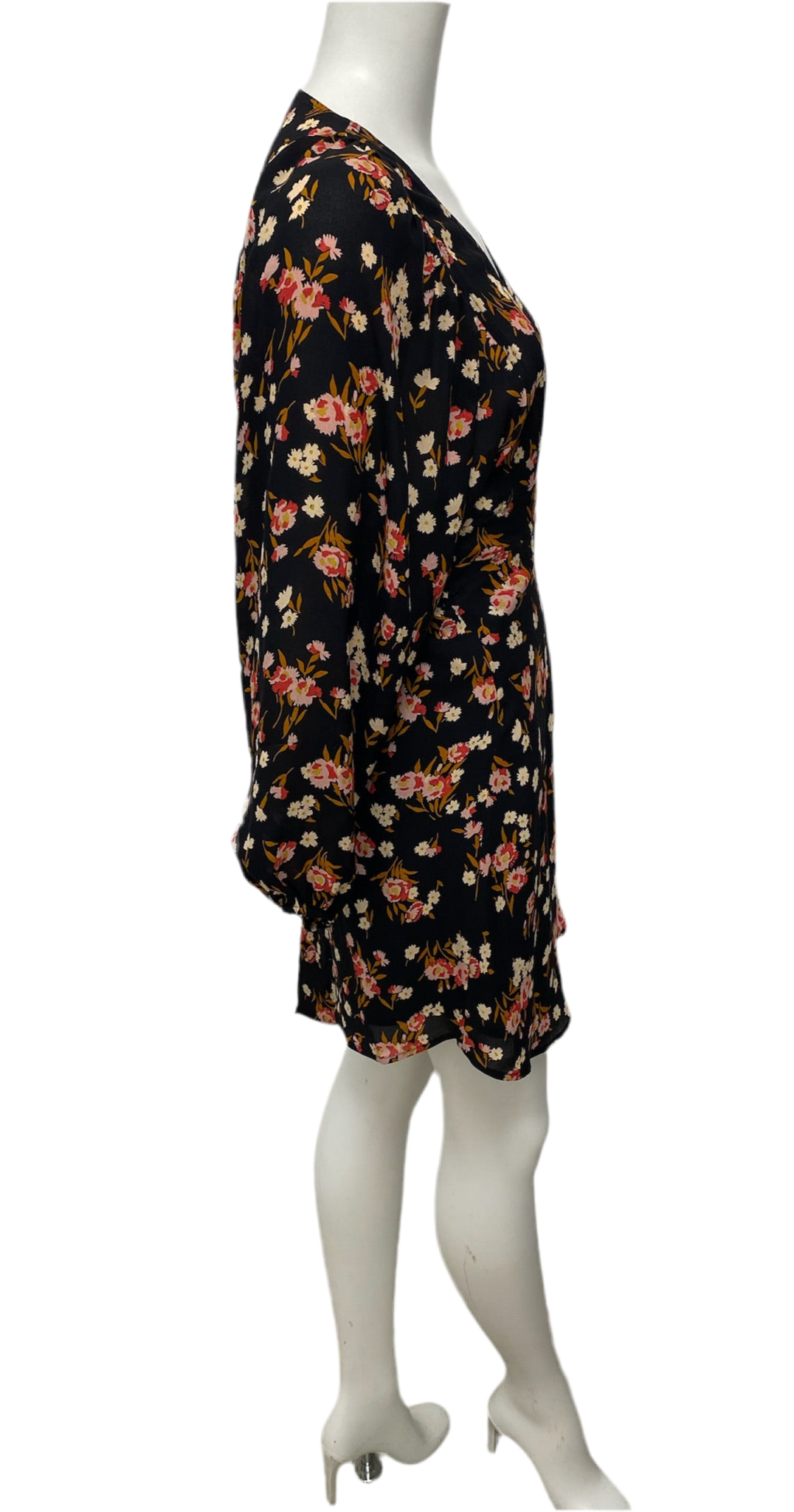 A.L.C. black floral silk wrap dress, size S, with long sleeves and side tie closure.
