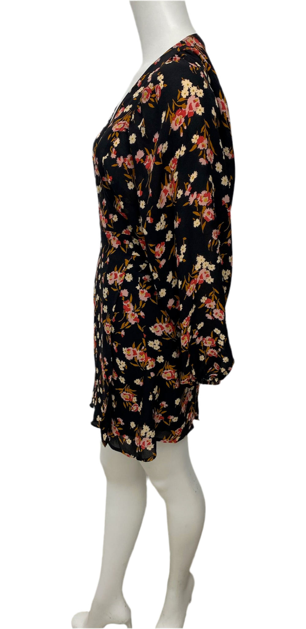A.L.C. Black Floral Wrap Dress, size S, 100% silk, long sleeve with side tie closure.
