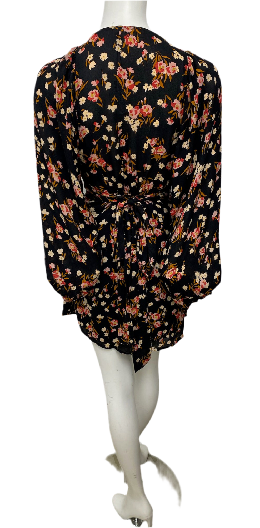 A.L.C. black floral silk wrap dress, size S, with long sleeves and a back tie closure.