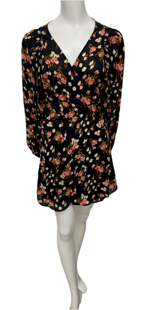 A.L.C. black floral silk wrap dress, size S, with long sleeves and side tie closure.