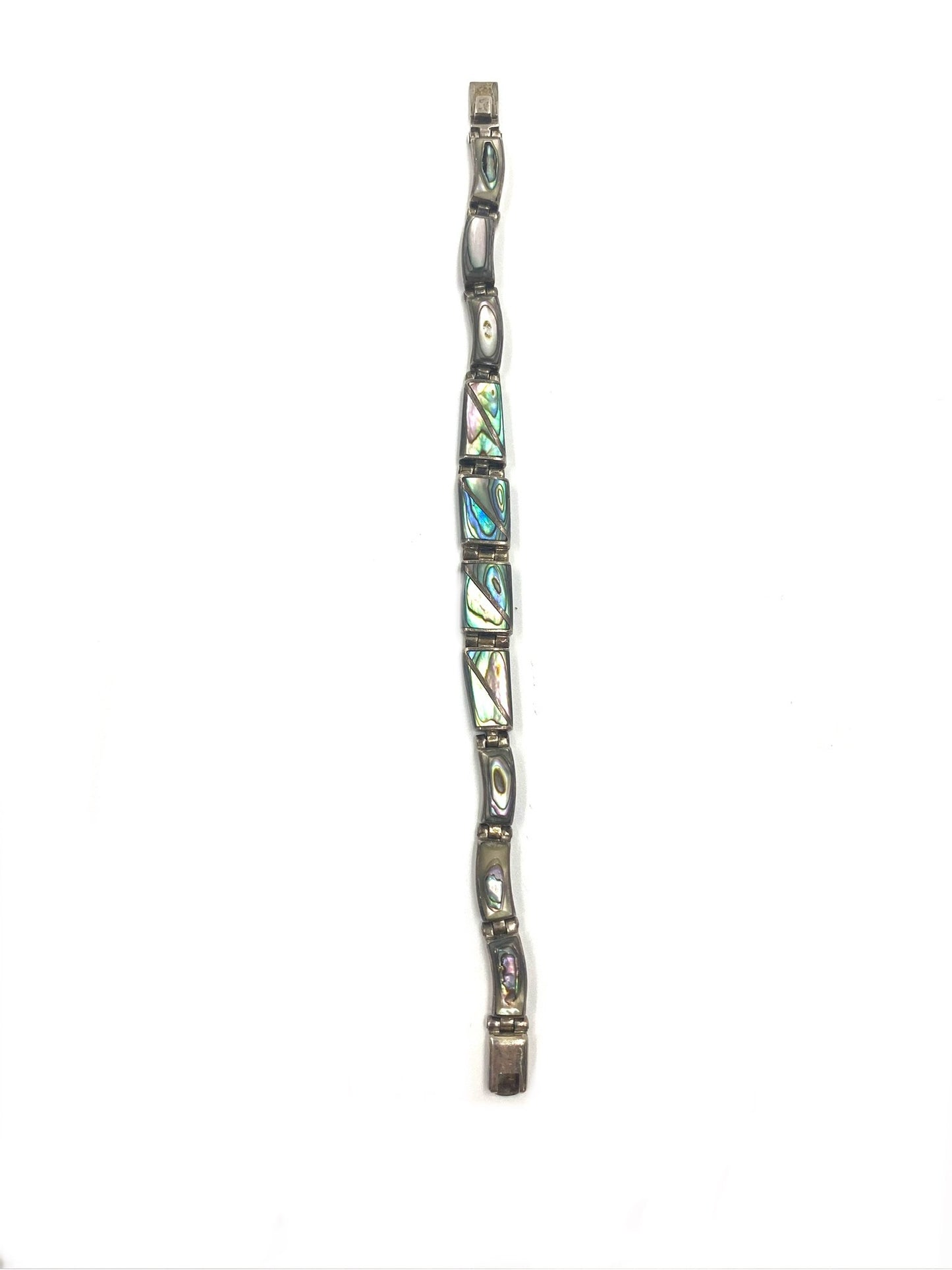 Sterling silver abalone bracelet, 7.1" long, featuring iridescent rectangular and oval abalone inlays.