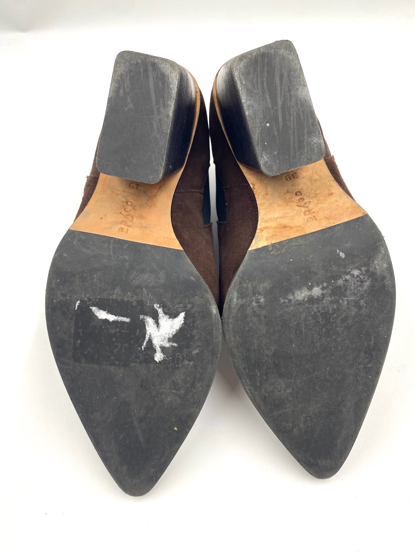 Aeyde Plum Suede Ankle Boots, size 39, showing worn black soles and 3-inch wedge heels.