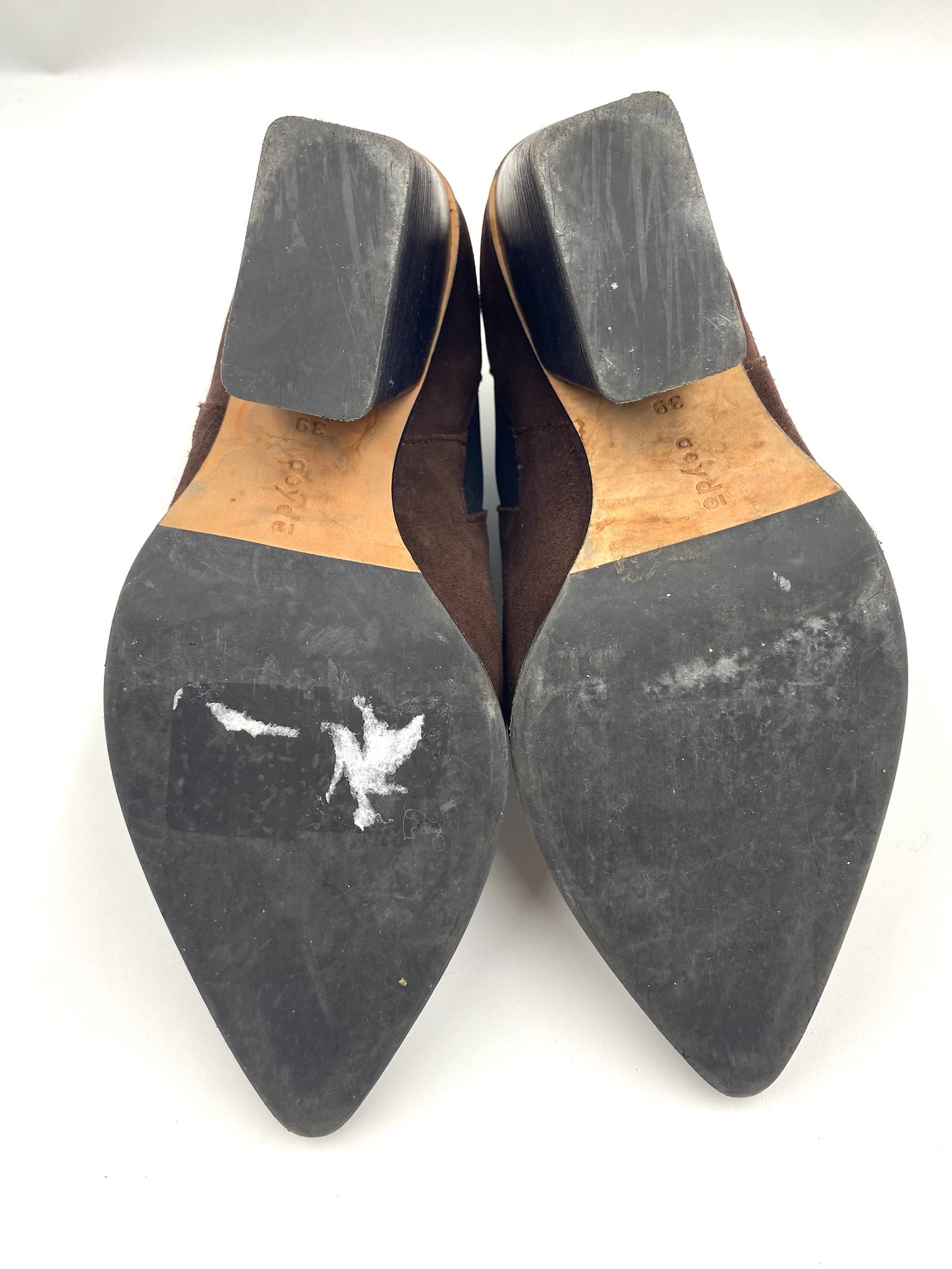 Aeyde Plum Suede Ankle Boots, size 39, showing worn black soles and 3-inch wedge heels.