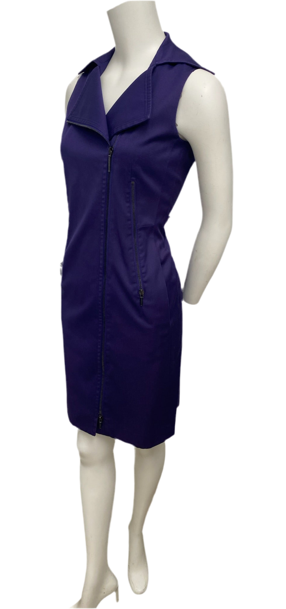 Akris purple cotton blend sleeveless dress, size 4, with a front zip closure and collared neckline.