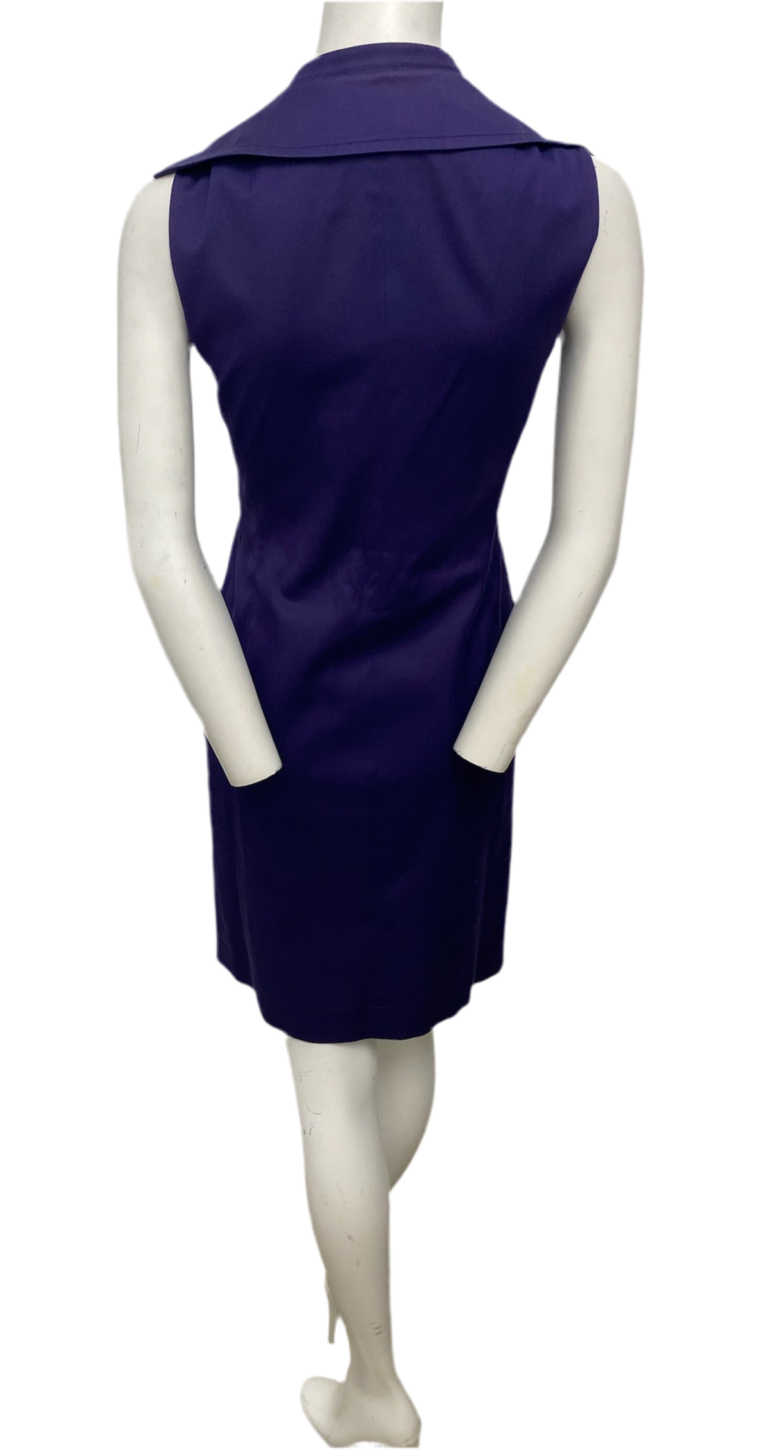 Akris purple cotton blend sleeveless dress, size 4, with a wide collar and front zip closure.