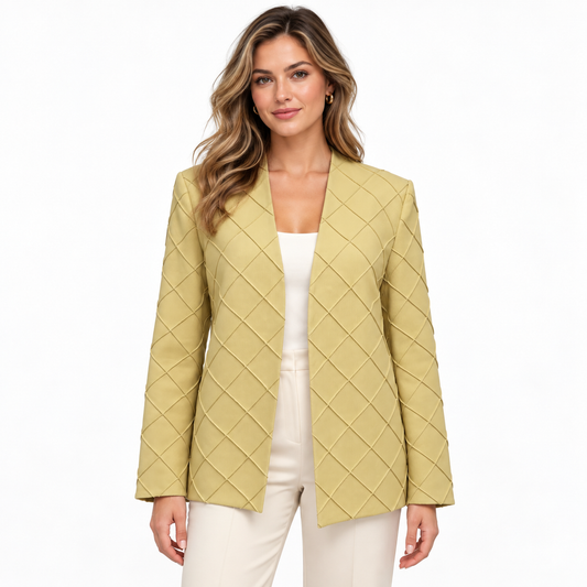 Aleksandre Akhalkatsishvili beige cotton blazer with geometric diamond pattern and shoulder pads, size XS.