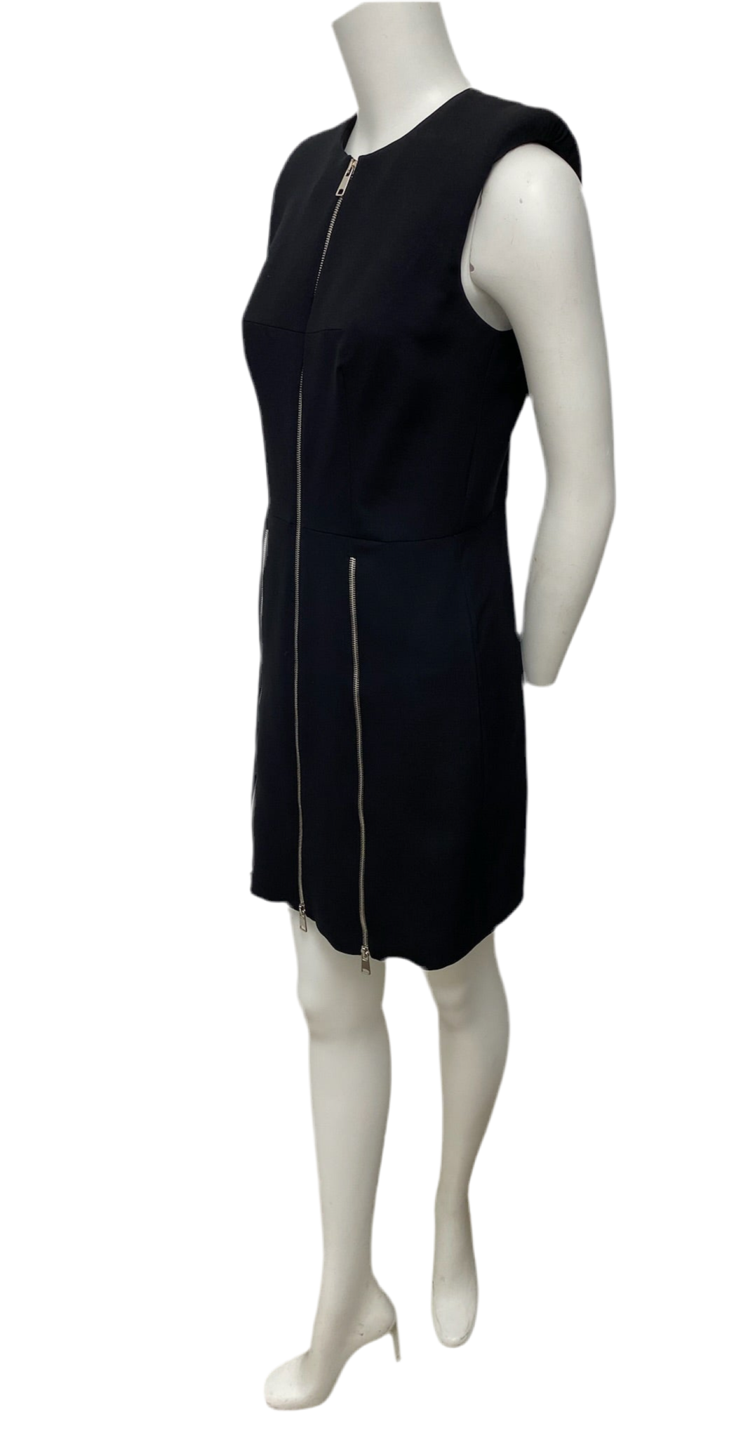 Alexander McQueen black wool-silk blend sleeveless dress, size 40, with front zip and two decorative zips.