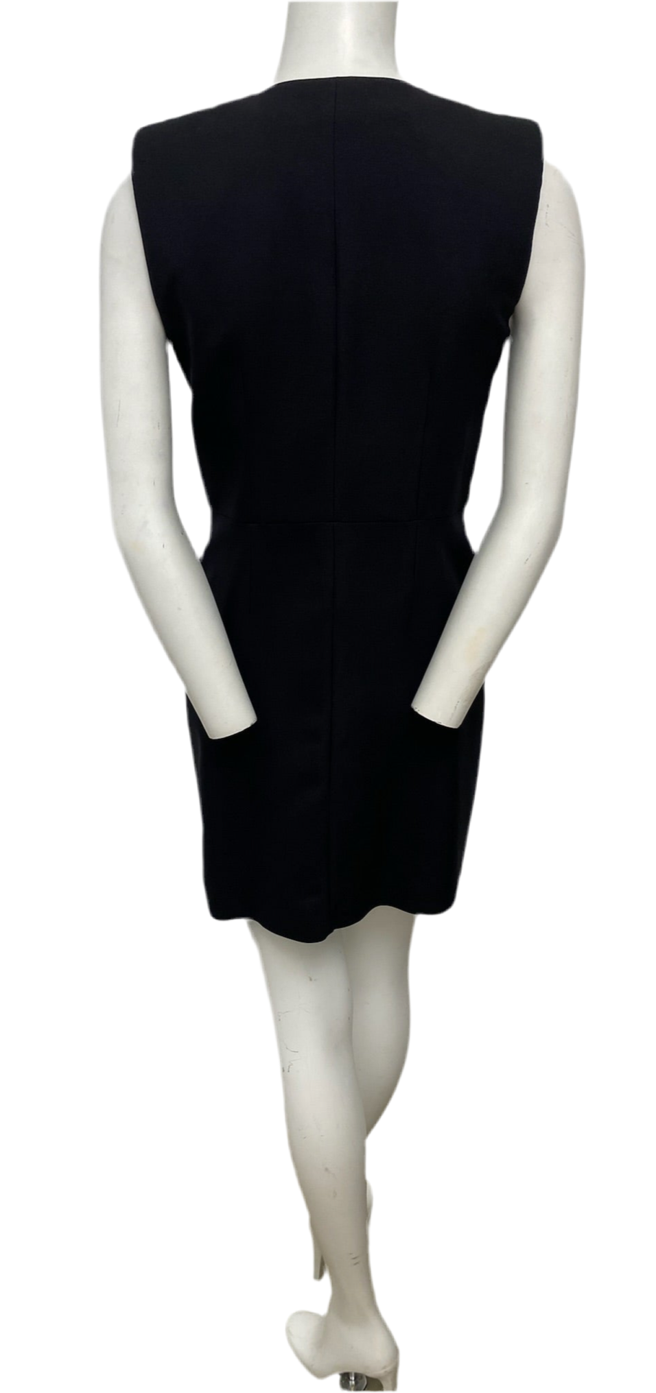 Alexander McQueen black wool-silk blend sleeveless dress, size 40, with front zip closure and decorative zip details.