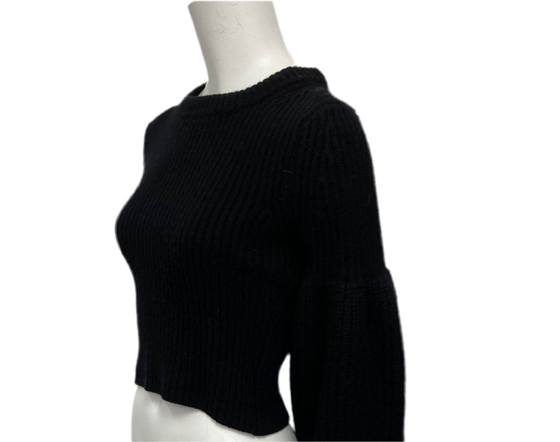 Alexander Wang black knit sweater, size XS, with ribbed texture, round neck, and puff sleeves.