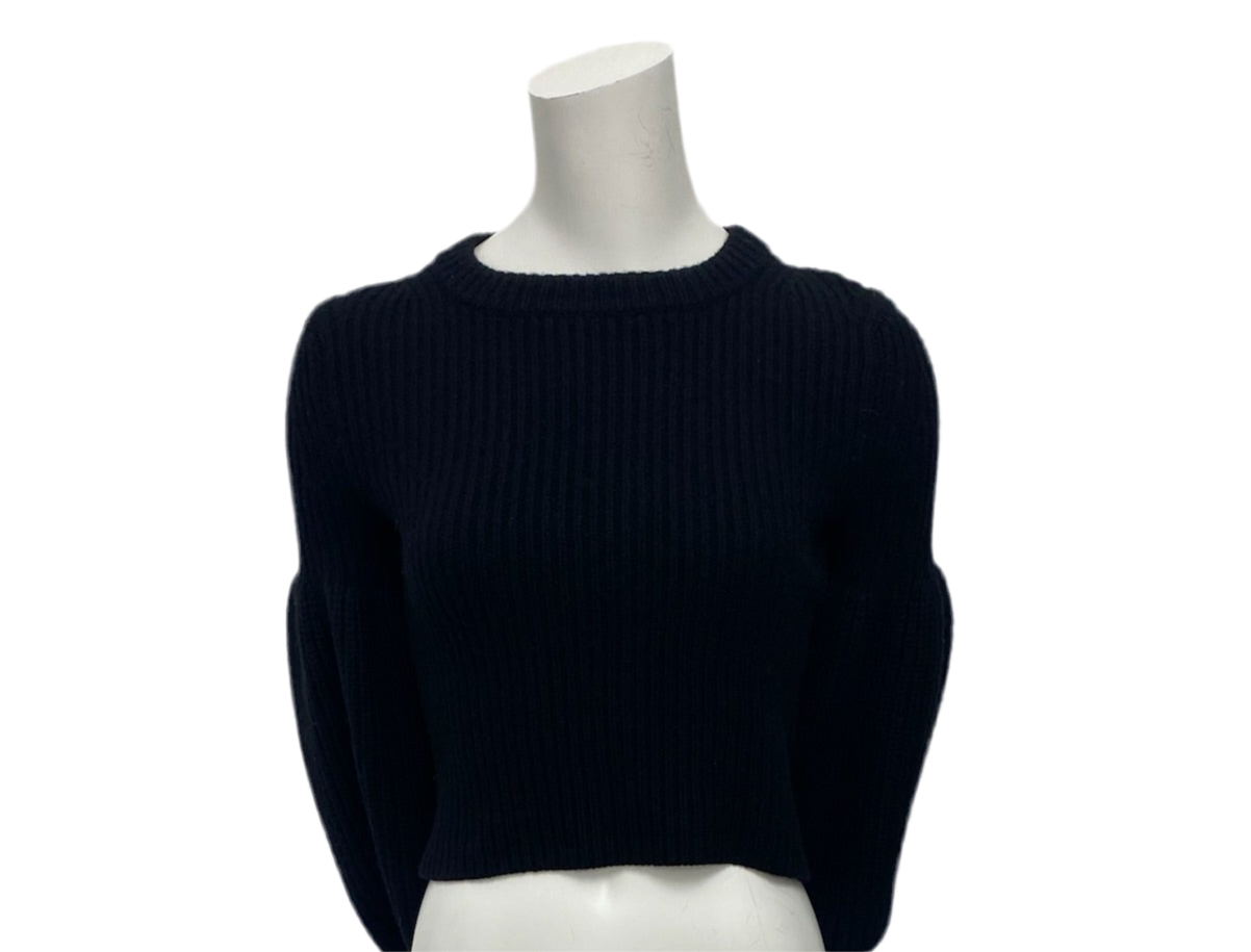 Alexander Wang black knit sweater, size XS, with a round neck and puff sleeves.
