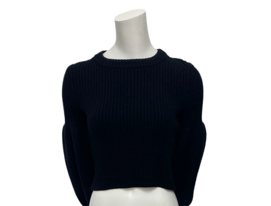 Alexander Wang black knit sweater, size XS, with a round neck and puff sleeves.