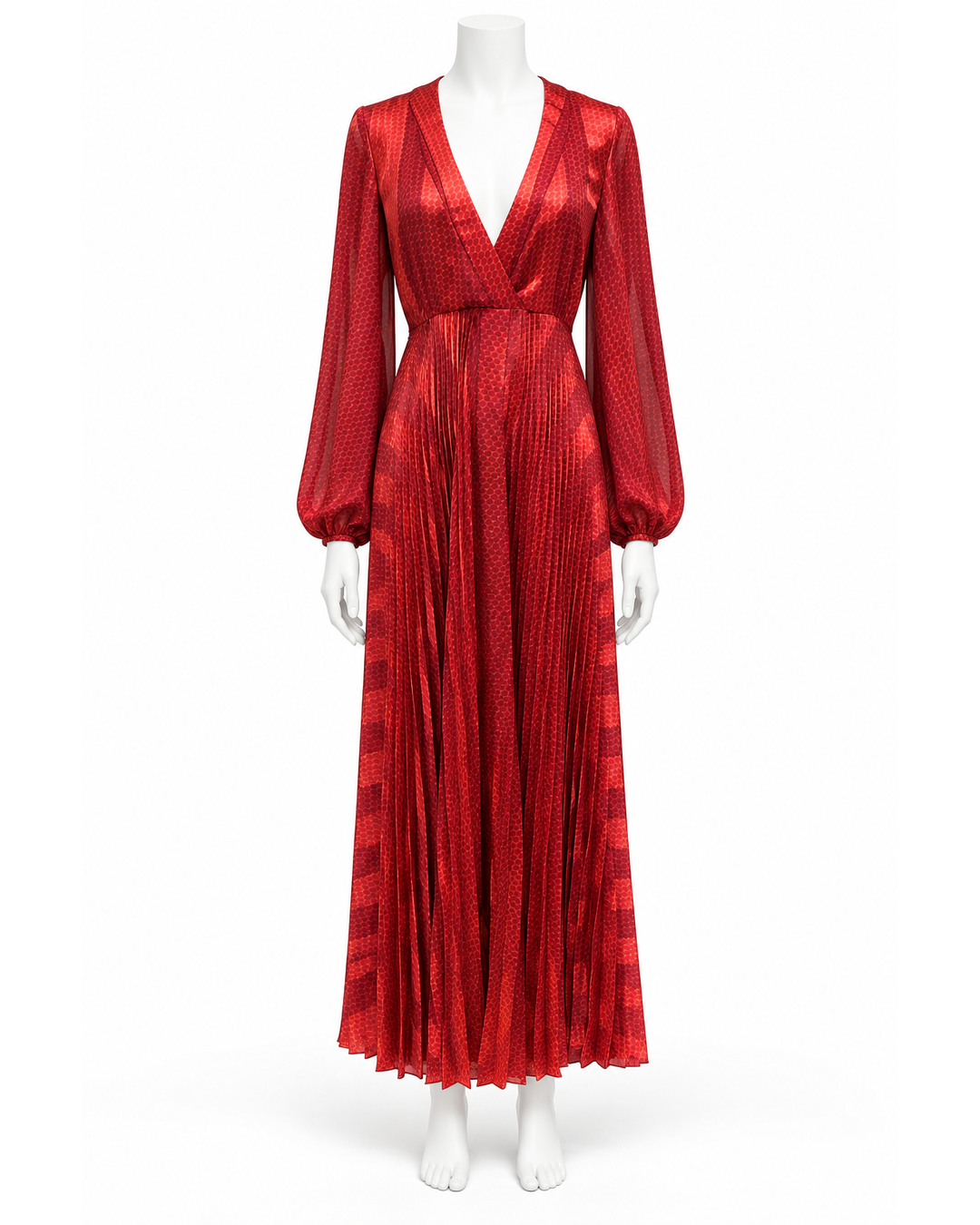 Alexis red geometric print maxi dress with V-neck, long balloon sleeves, and a pleated skirt on a mannequin.