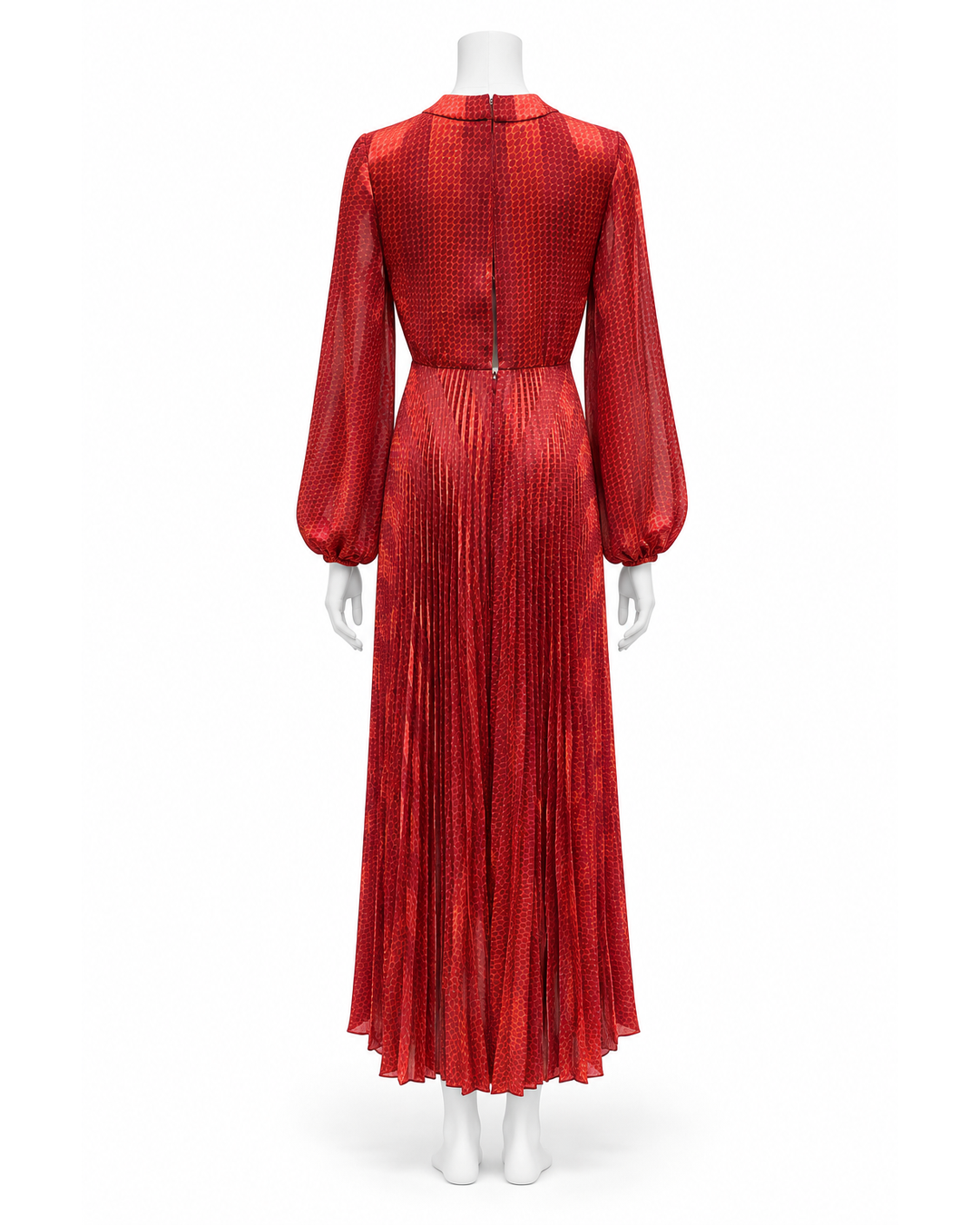 Back view of an Alexis red geometric print maxi dress with long balloon sleeves and a pleated skirt, size XS.