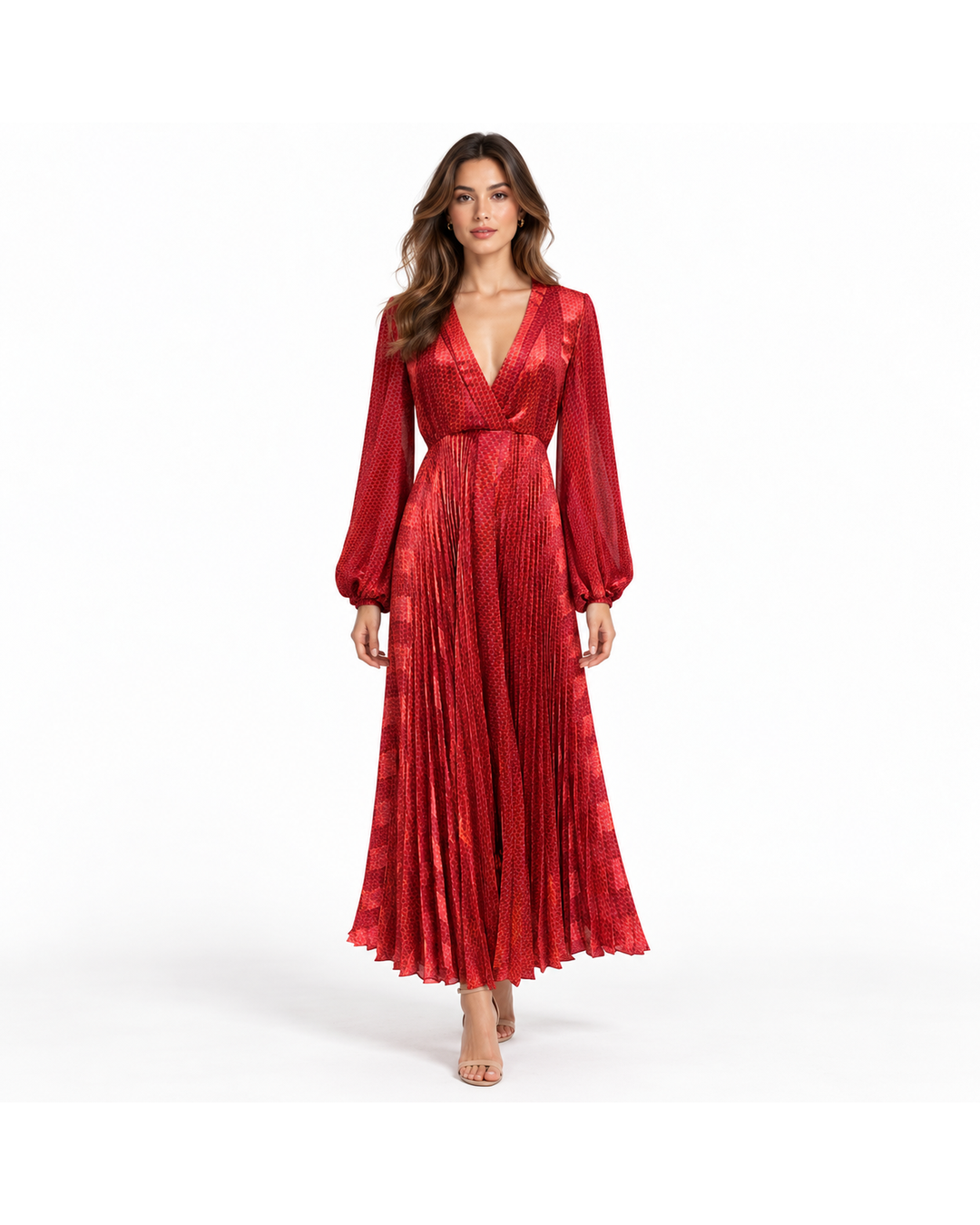 Alexis red geometric print maxi dress featuring a V-neckline, long balloon sleeves, and a pleated skirt in size XS.