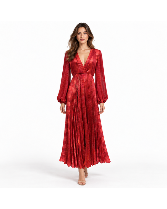 Alexis red geometric print maxi dress featuring a V-neckline, long balloon sleeves, and a pleated skirt in size XS.