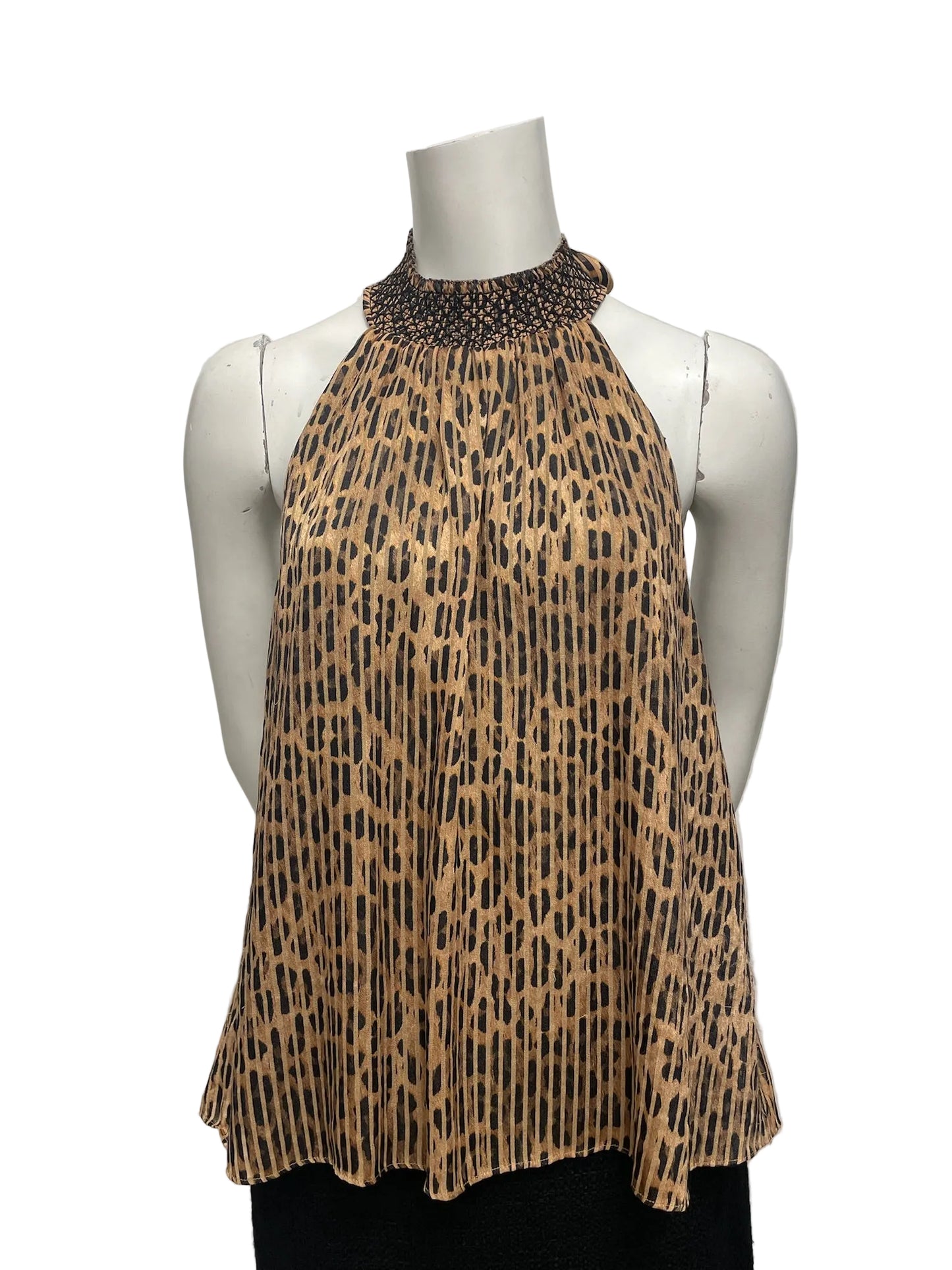Alice & Olivia leopard print halter blouse, size M, with smocked neckline and open-back tie.