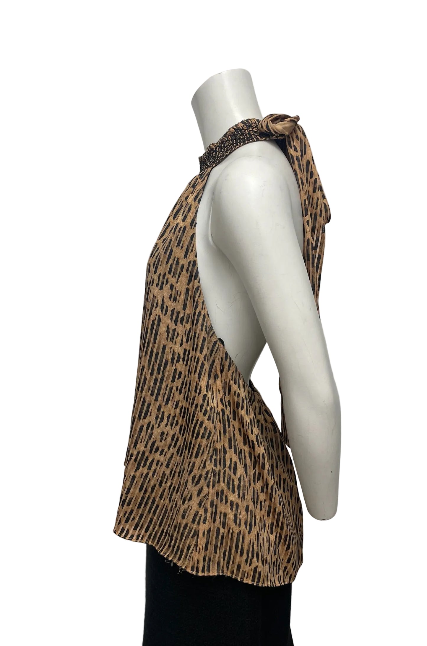 Alice & Olivia leopard print halter blouse, size M, with smocked neckline and open-back tie detail.