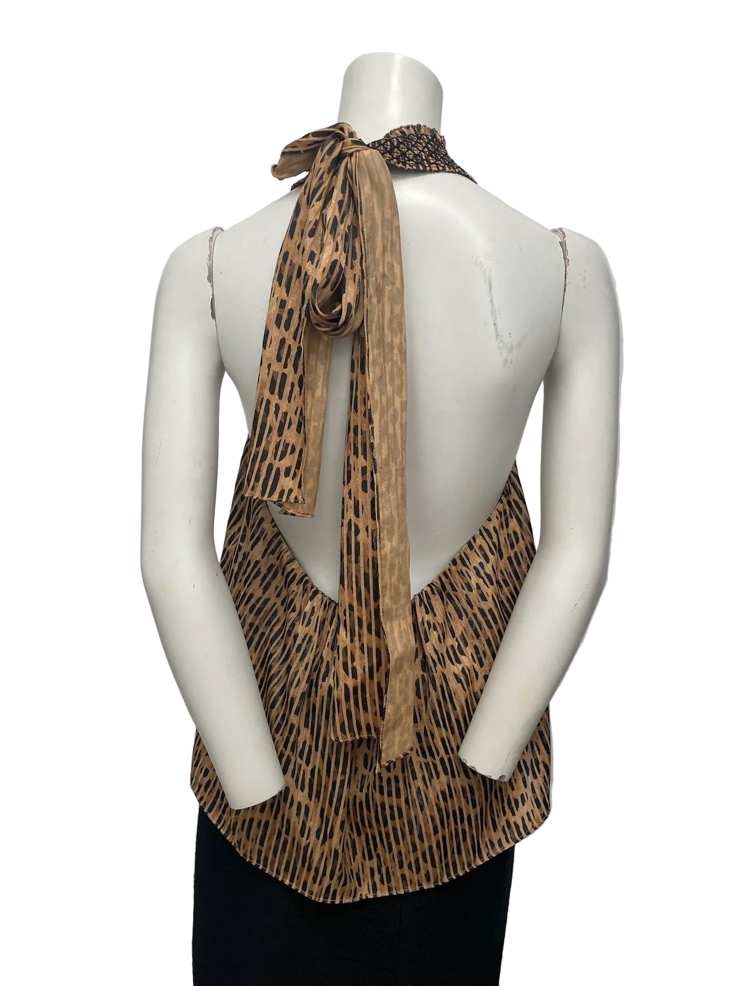Alice & Olivia leopard print halter blouse, size M, with open-back tie detail on a mannequin.