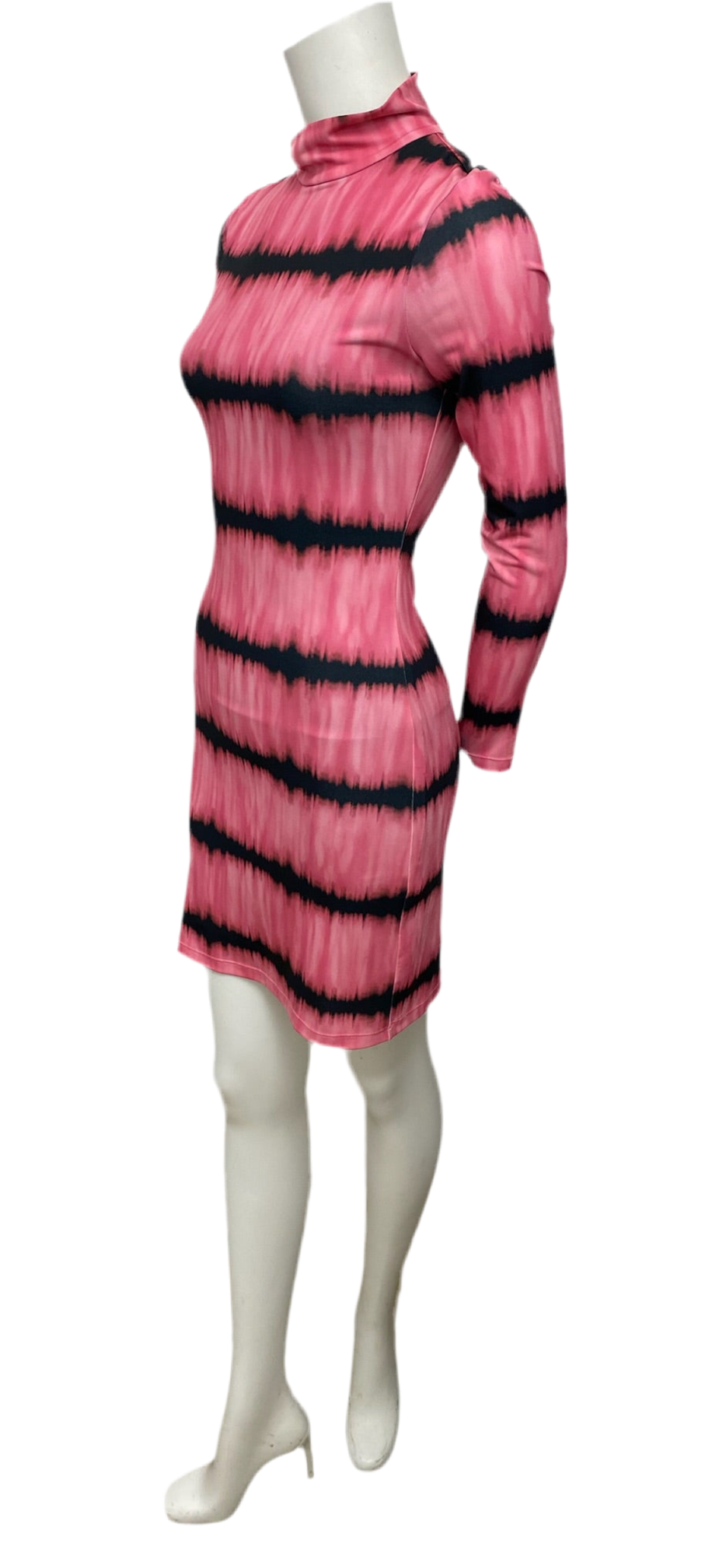 Alice & Olivia pink tie-dye long sleeve mock neck dress with black horizontal stripes, size 4.
