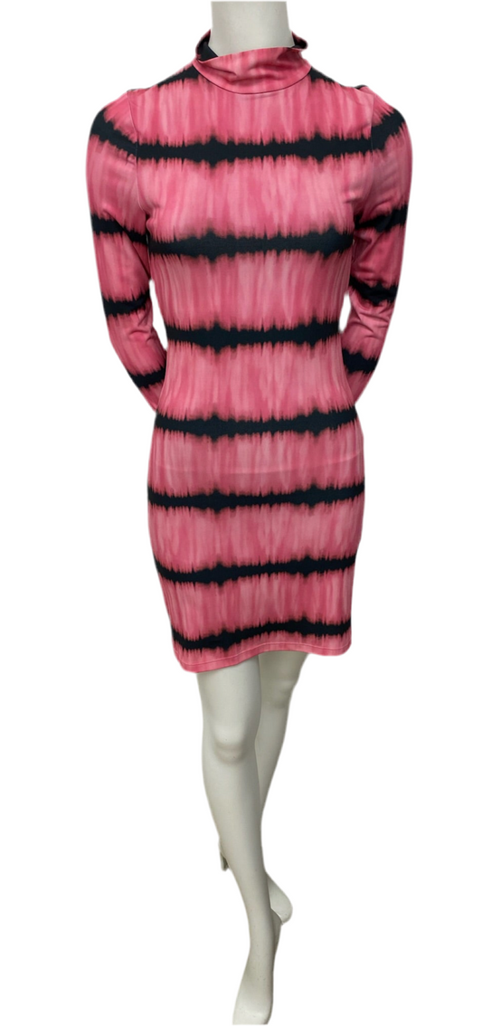 Alice & Olivia pink tie-dye long sleeve mock neck dress, size 4, with black horizontal stripes.