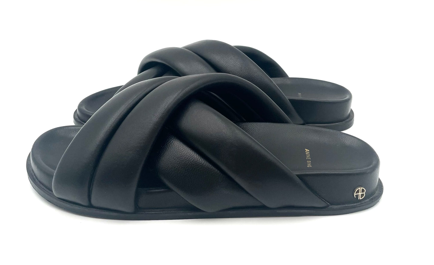 Anine Bing Lizzy Black Leather Slides Size 40