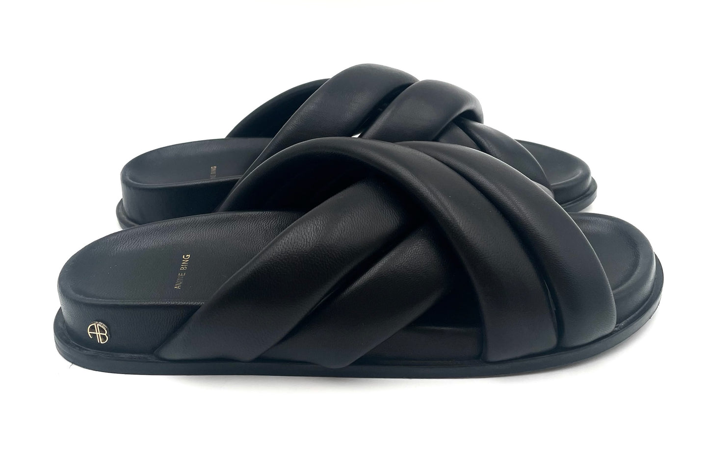 Anine Bing Lizzy Black Leather Slides Size 40
