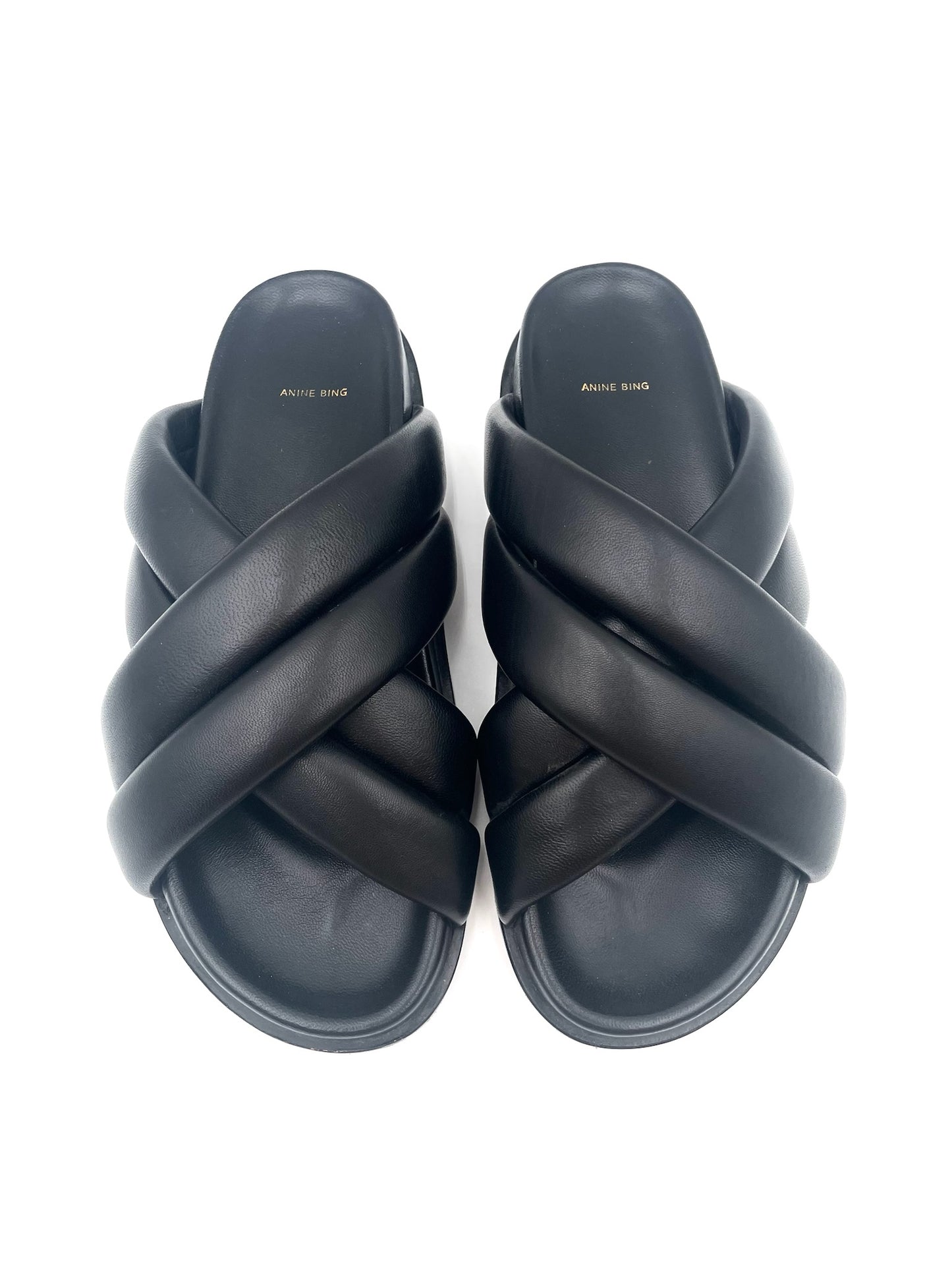 Anine Bing Lizzy Black Leather Slides Size 40