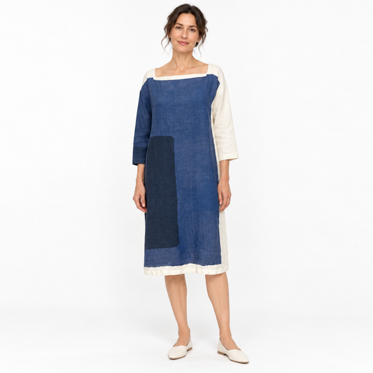 Annette Gortz blue and ivory linen colorblock shift dress with three-quarter sleeves and a wide neckline.
