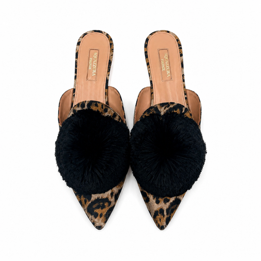 Aquazzura Pom Pom Leopard Print Slides Size 38
