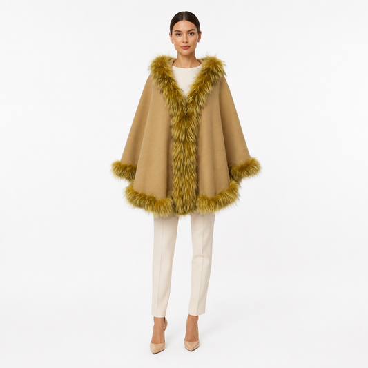 Brown & Yellow Fur Cape Jacket O/S