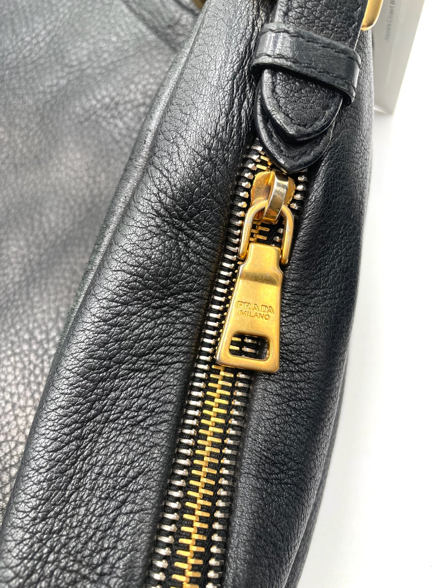 Prada Black Leather Vitello Daino Zip Hobo Bag