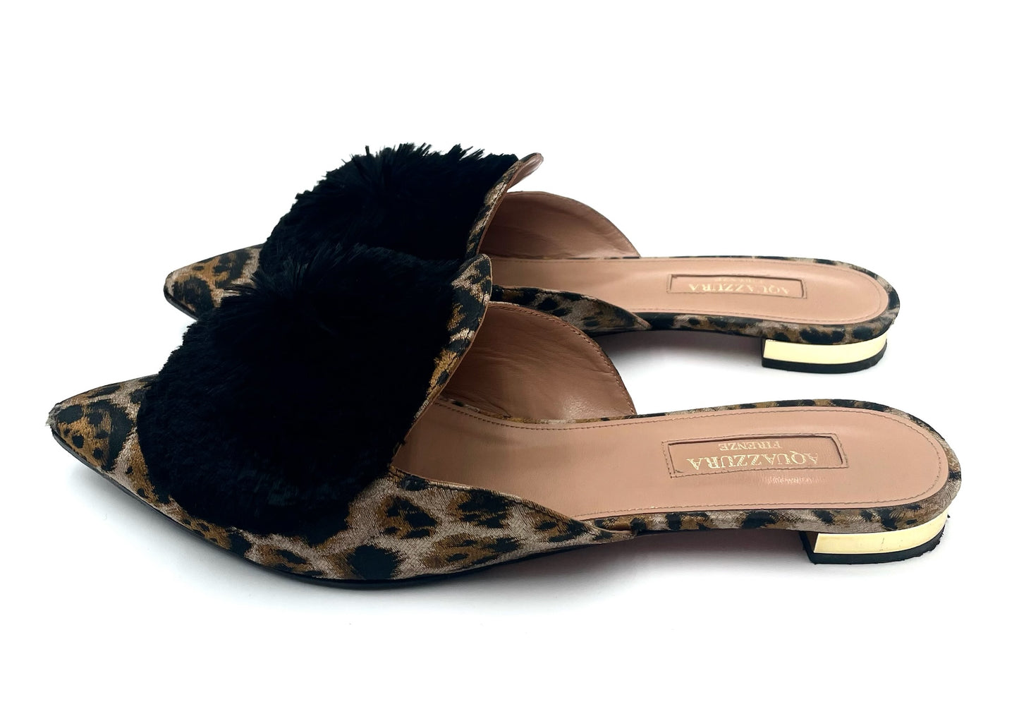 Aquazzura Pom Pom Leopard Print Slides Size 38