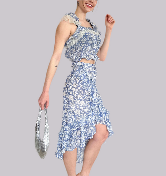 LoveShackFancy Blue Floral Skirt Set Size S