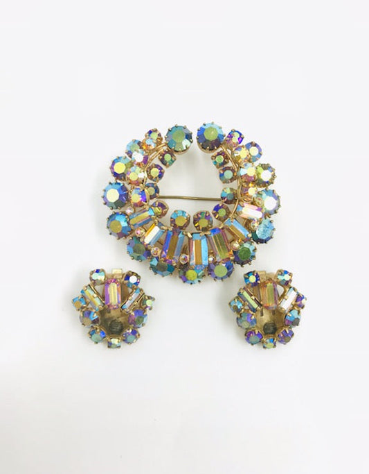Vintage 1960s Aurora Borealis Brooch & Clip Earring Set