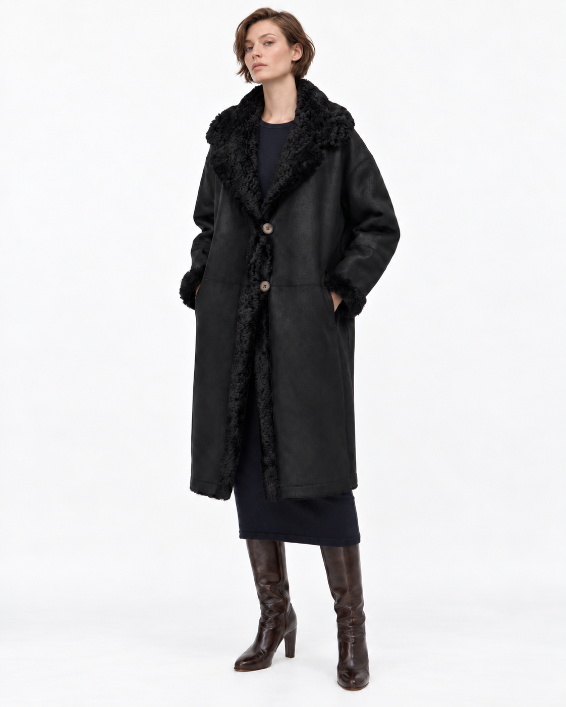 Vince Black Leather & Shearling Lined Mid Length Coat Size 10