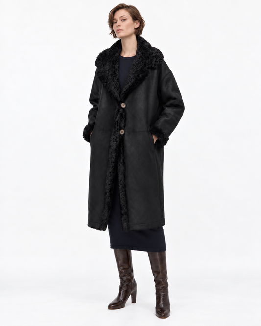 Vince Black Leather & Shearling Lined Mid Length Coat Size 10