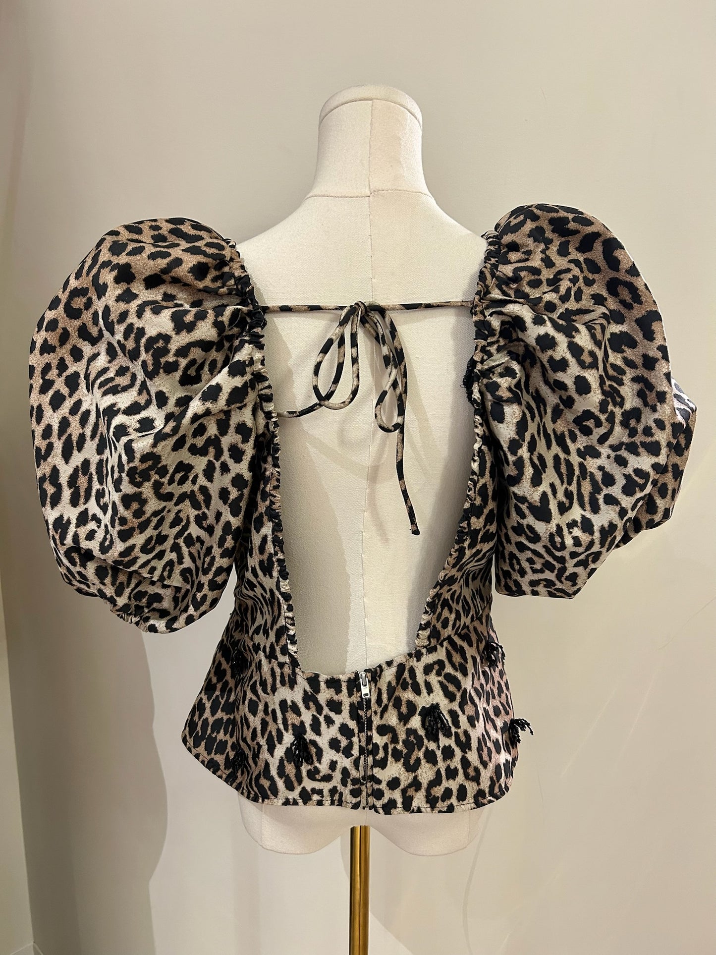 Brand New Ganni Leopard Jacquard Open Back Blouse Size 10