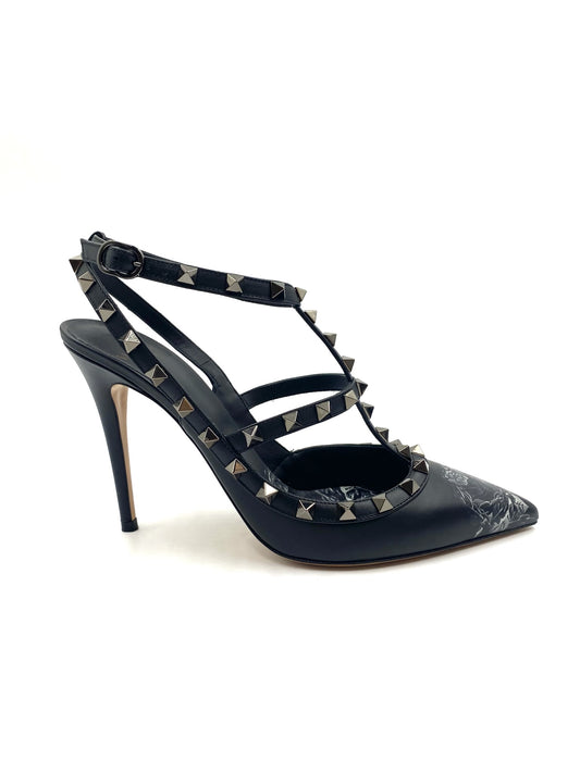Valentino Garavani Black Floral Rockstud Heels Size 39.5