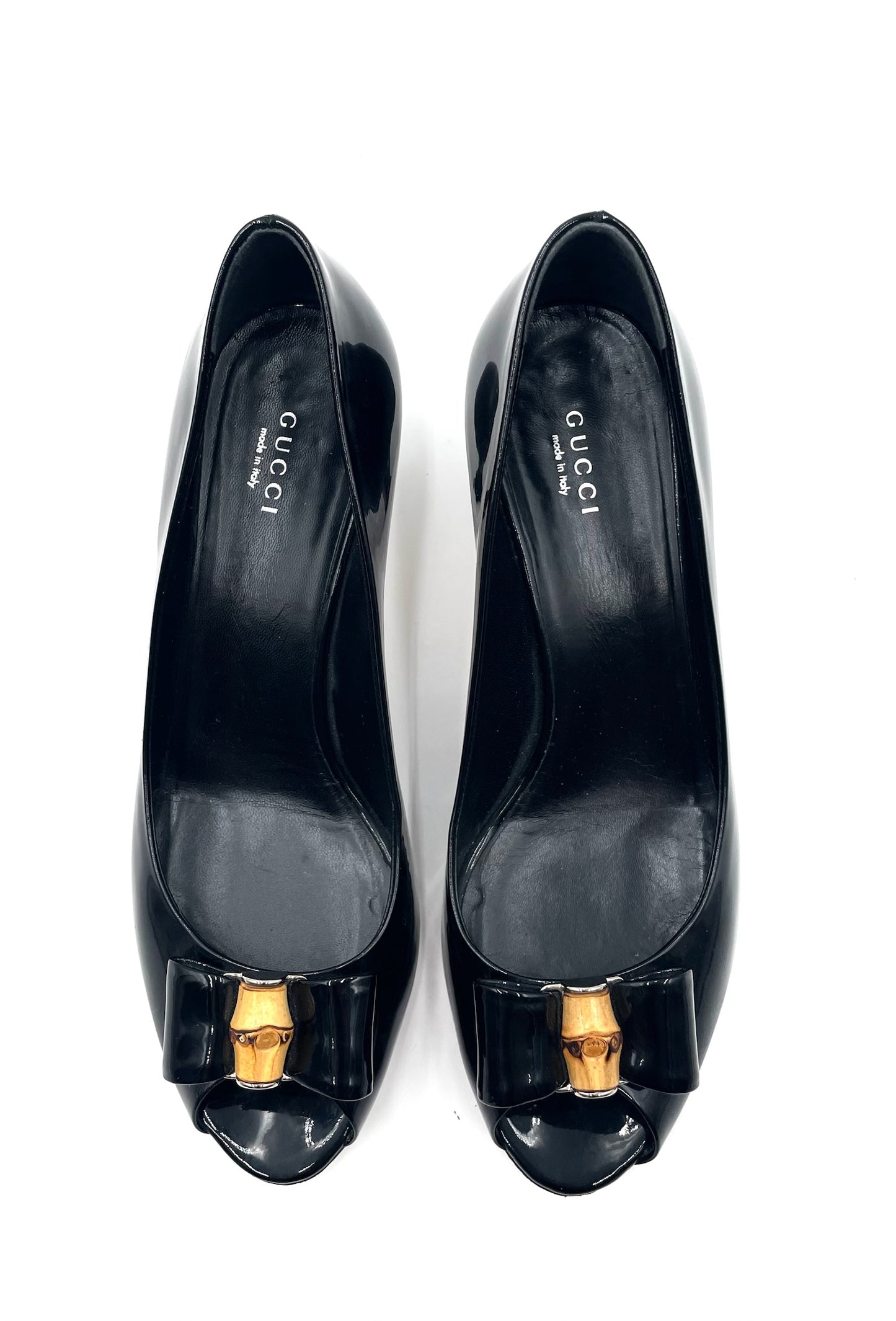 Gucci Black Patent Open Toe Kitten Heel Pump Size 38