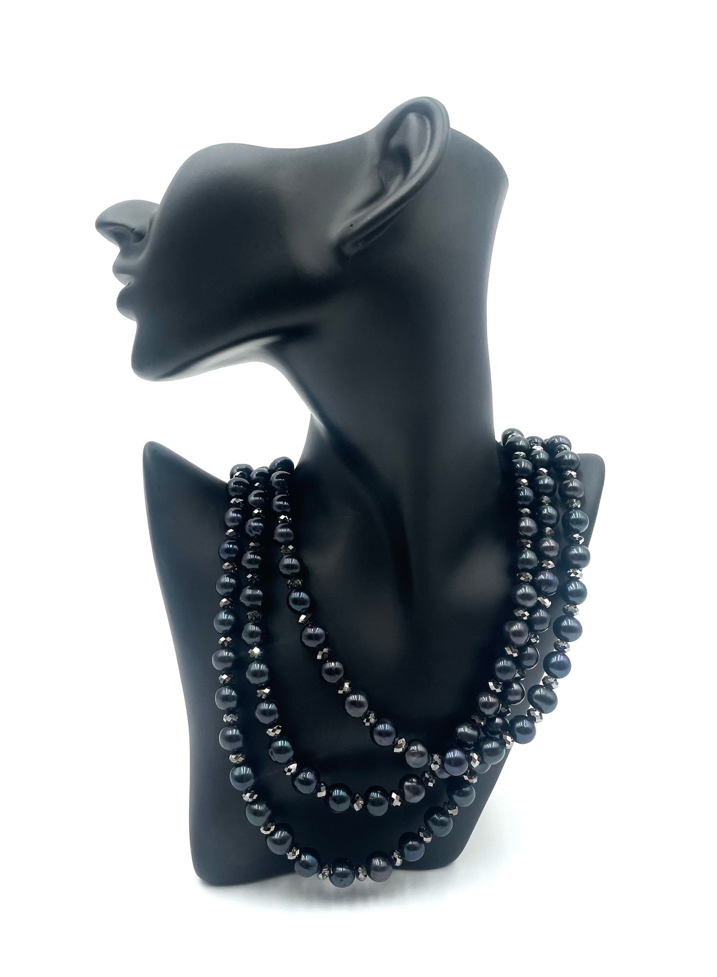 Black Pearl & Swarovski Crystal Triple Strand Necklace
