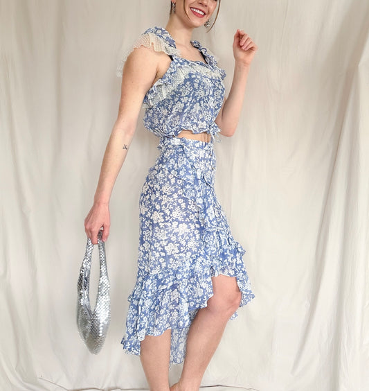 LoveShackFancy Blue Floral Skirt Set Size S