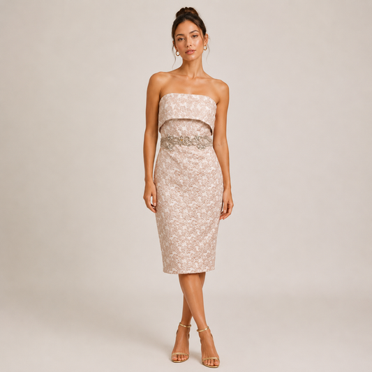 Badgley Mischka Rosegold Metallic Strapless Embellished Dress Size 6