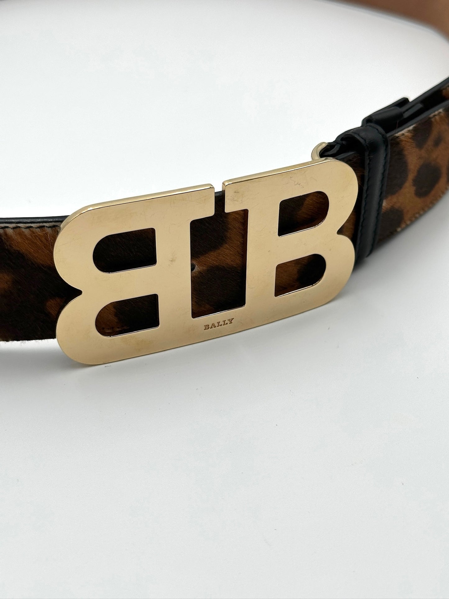 Bally Leopard Print Mohair Belt with Gold Buckle Size 110/44