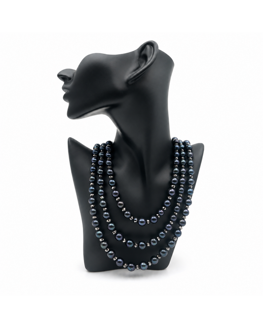 Black Pearl & Swarovski Crystal Triple Strand Necklace